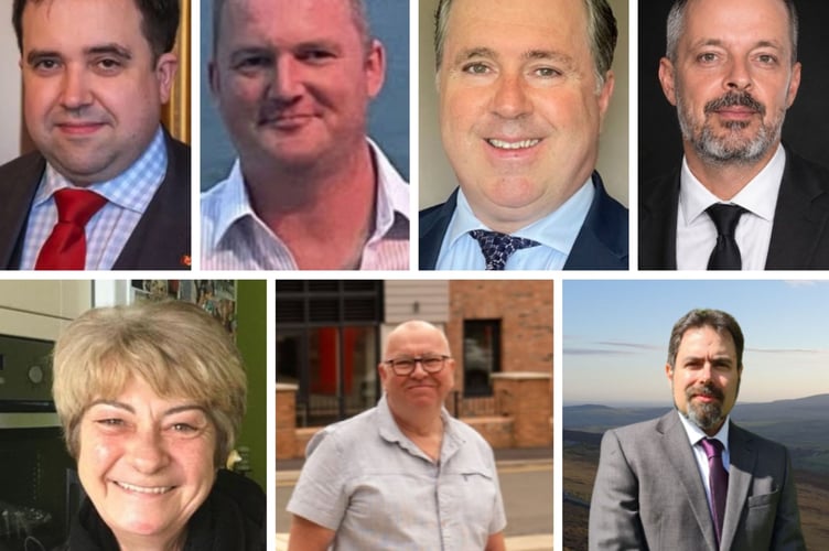 Douglas North candidates (L-R from the top - David Ashford; Jason Cheetham; Damian Ciappelli; Denis J Staunton; Janet Thommeny; Peter Washington and Hugo Yates)