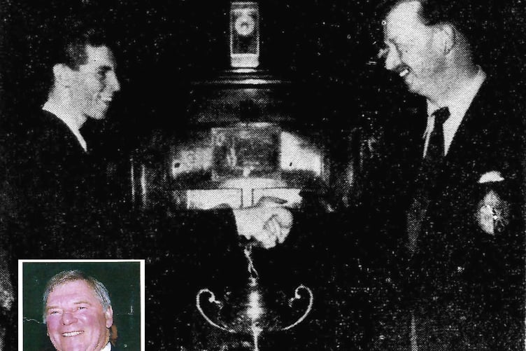 (Main picture) Donald Jones as a teenager shaking hands with multiple Isle of Man Golf Champion Will Kirkpatrick on the occasion of his first senior golf title success in 1954. (Inset) Donald four decades on, his brother Bernard won in 1961 and their father Harold was runner-up in 1959