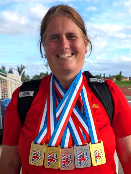 Fiona Whitehead starred for the Isle of Man at the British Masters Track and Field Championships in Derby last weekend, winning medals in all five throwing events she contested