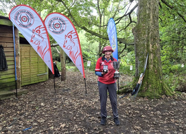 Lesley Sleight with the adult women's traditional recurve trophy after triumphing at last weekend's English Field Archery Association National Championships