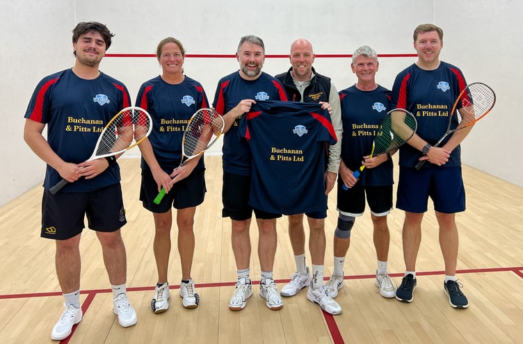The Rackets Academy team with their new Buchanan and Pitts-sponsored kits: (left to right) Charlie Beard, Lucy Kerr, captain Andy Dalrymple, Stevie Pitts from the sponsor, Dave Johnson and Steve Wright (Photo: Beth Jones)