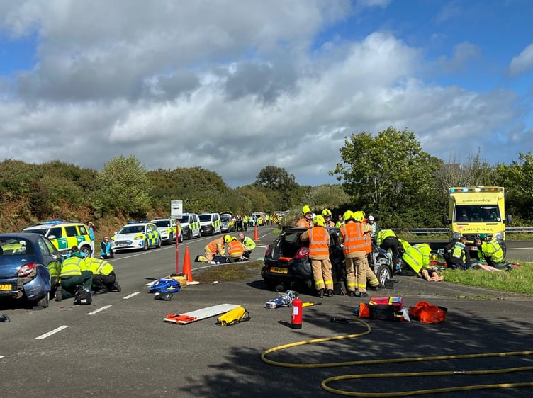 The major incident exercise in Tromode, featuring damaged cars and medical student actors