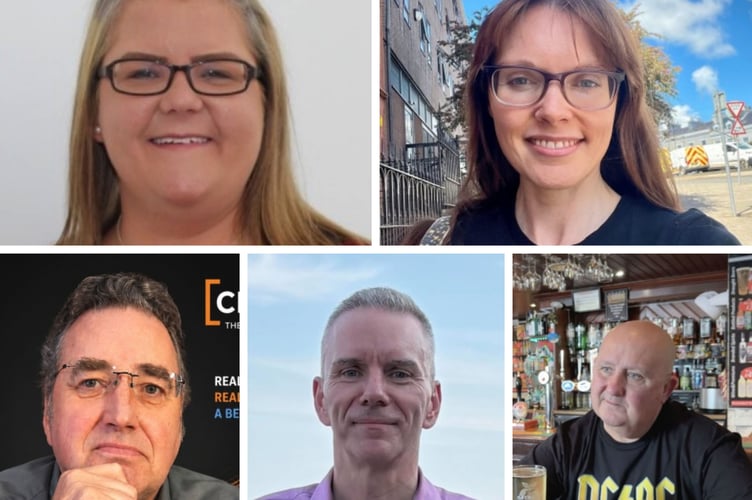 The five candidates standing in Douglas East (L-R from the top - Clare Barber, Joney Faragher, Andrew Forster, Dave Mackey and Andrew Saunders)