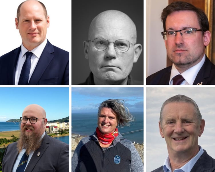 The six candidates standing in Ramsey (L-R from the top - Robert Cowell; Nigel Dunmore; Lawrie Hooper; Juan McGuinness; Janine Shimmin and Peter Whiteway)