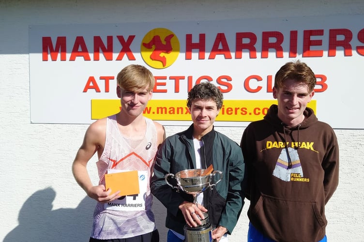 The top three men in the Peel to Douglas contest: overall winner Corbyn Schade is flanked by runner-up Ryan Corrin (left) and third-placed Harry Kneen (Photo: David Griffiths)