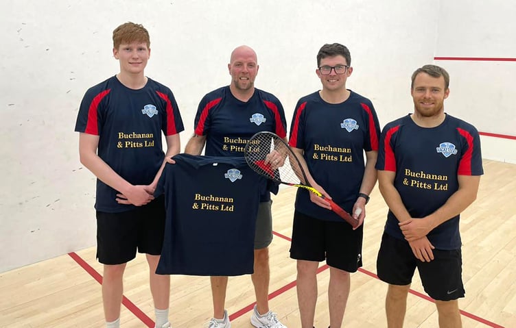 The Racketeers Pioneers contingent of (left to right) Isaac Quayle, Stevie Pitts, Aleyn Taggart and Fraser Dorling with their new Buchanan and Pitts-sponsored kits