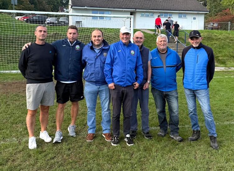 (Left to right) Braddan first team manager Will Smith, first team coach Paul Ramsden, chairman Craig MacLaren, club archivist David Griffiths, vice-chairman Dave Goldsmith plus fellow committee members Steve Goldsmith and Brian Goldsmith