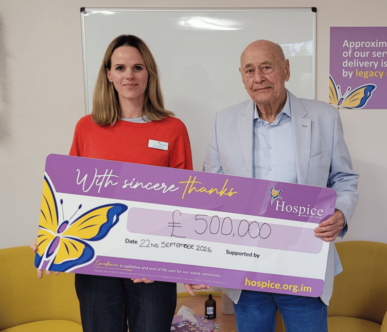 Fiona Hatton, CEO of Hospice Isle of Man with donor Ivan Soulsbury