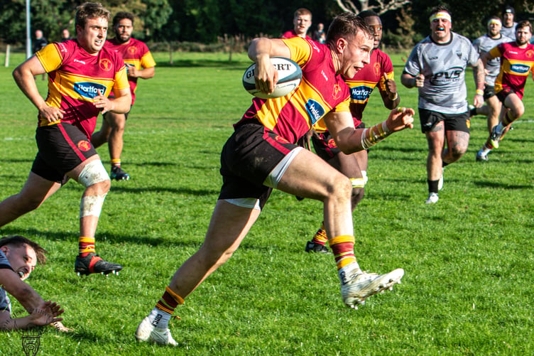 Sam McCord breaks a tackle during the Manx side's 69-26 victory at the weekend (Photo: Richard Ebbutt)