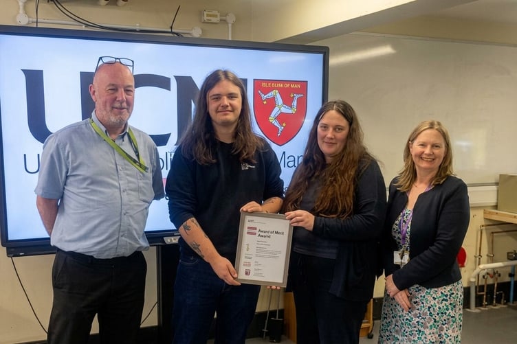 (Left to right) Nigel Wright, training and development lead at Ronaldsway Aircraft Company Ltd, Jakub Garczynski, Ruth Watterson, IET education officer for the Isle of Man, Sarah Hoile, assistant programme manager of engineering at UCM