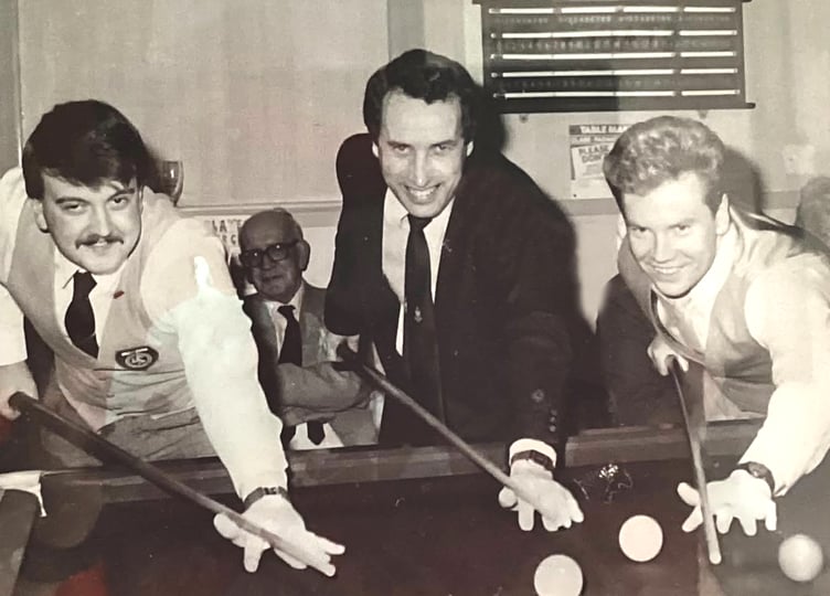 Willie Kennish and Mike Colquitt separated by Sir Miles Walker, pictured at the original opening of St Olave's Snooker Club’s current premises in December 1987