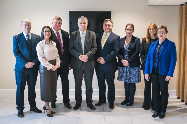 Ard-Shirveishagh (Chief Minister) Chris Thomas MHK, centre, alongside Council of Ministers colleagues, from left, Enterprise Minister Robert Cowell MHK, Education, Sport and Culture Minister Sarah Maltby MHK, Infrastructure Minister Jason Moorhouse MHK, Treasury Minister Michael Crowe MHK, Environment, Food and Agriculture Minister Dr Rachel Glover MHK, Health and Social Care Minister Claire Christian MHK and Justice and Home Affairs Minister Jane Poole-Wilson MHK.