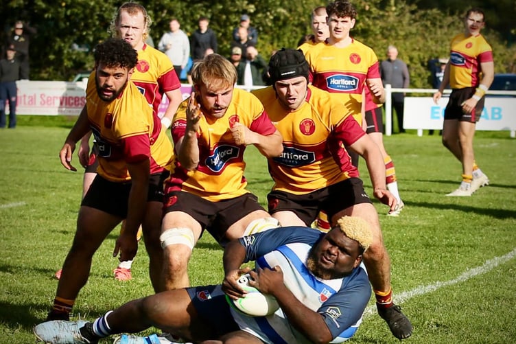 Australian prop Joel Gaidan under the close attentions of Douglas trio Josh Campbell, Wilf Kermode and Callum Clague (Photo: Richard Ebbutt)