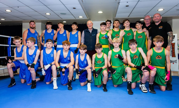 New Horizon Boxing Club fighters and their northwest region counterparts alongside His Excellency Lieutenant Governor Sir John Lorimer (Photo: Milen Stankov)