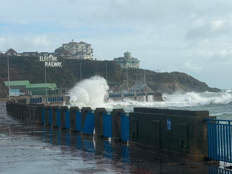 Coastal overtopping on Douglas Promenade around high tide today (Tuesday)