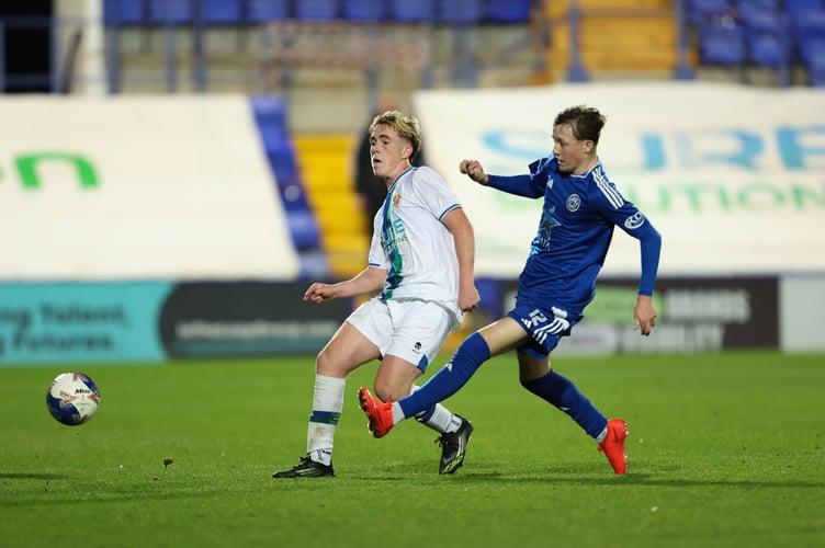 Dylan Bullock (left) in action for Tranmere in their FA Youth Cuyp clash against Newcastle Blue Star on Tuesday evening (Photo: Phil Bryan)